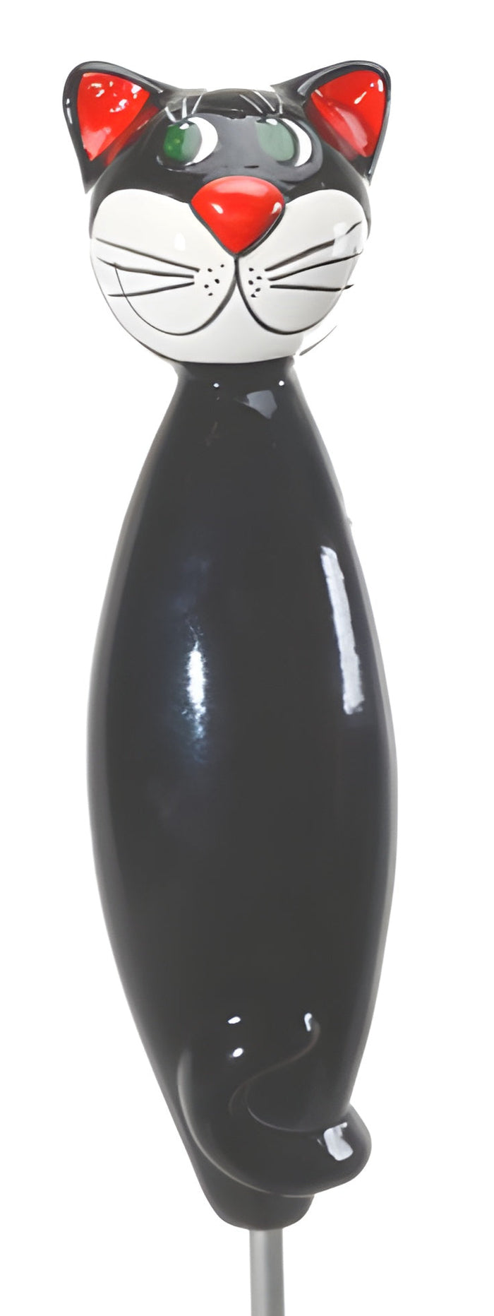 Black cat-shaped object with red eyes and a white face on a white background from Goose and Company. this object is frost resistant