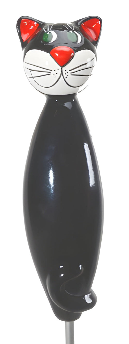 Black cat-shaped object with red eyes and a white face on a white background from Goose and Company. this object is frost resistant