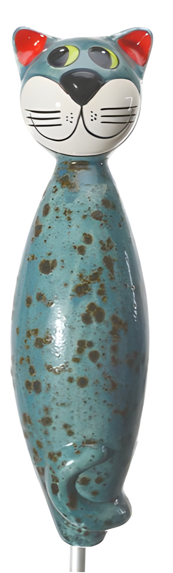 Decorative cat-shaped object with a blue body, brown spots, and red ears on a white background from Goose and Company. this object is frost resistant