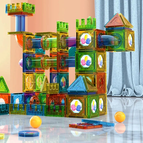 3D Magnetic Building Tiles for Kids - Clear STEM Educational Toys, Creative Marble Run Blocks Set