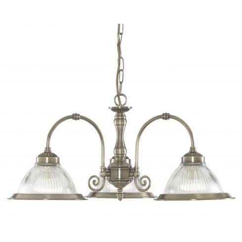 American Diner 3Lt Pendant - Antique Brass & Ribbed Glass
