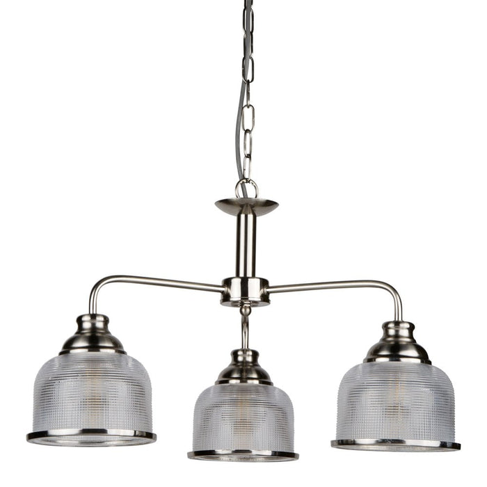 Bistro II 3Lt Pendant- Satin Silver & Holophane Style Glass