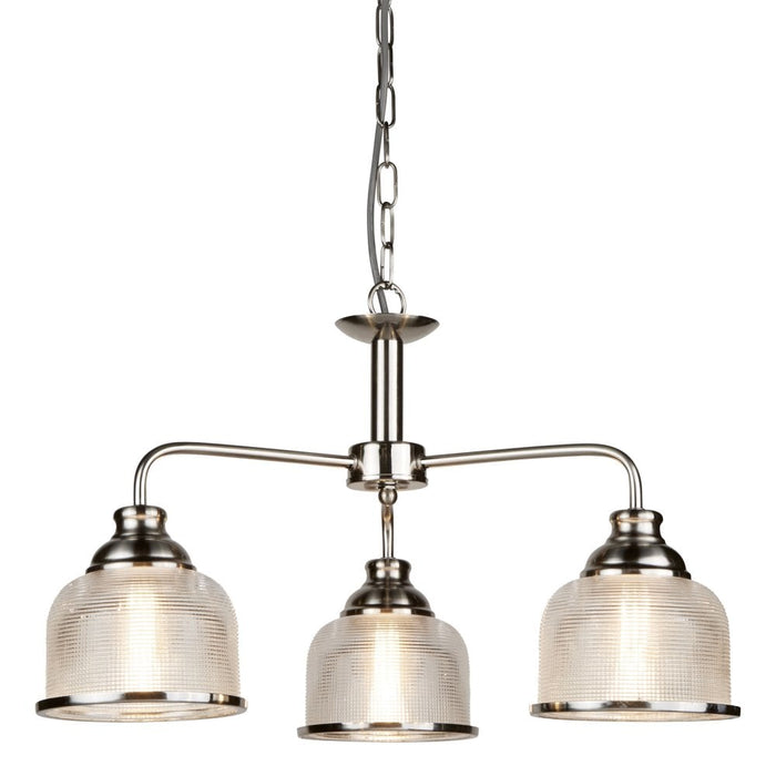 Bistro II 3Lt Pendant- Satin Silver & Holophane Style Glass