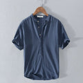 Breathable Cotton Linen Shirt High End Loose Fit, Short Sleeves Half-Open Collar