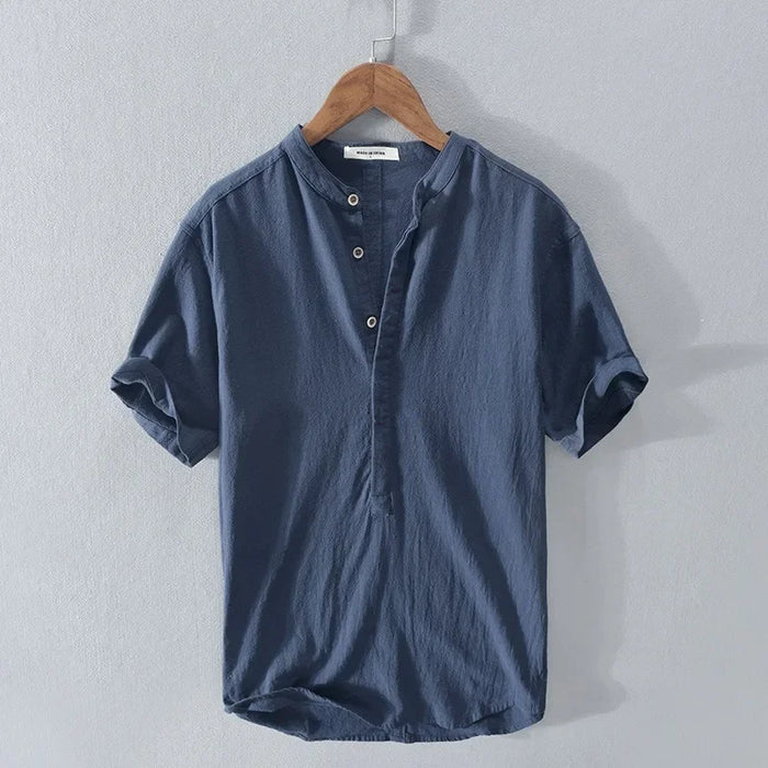 Breathable Cotton Linen Shirt High End Loose Fit, Short Sleeves Half-Open Collar