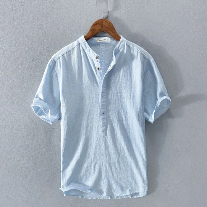 Breathable Cotton Linen Shirt High End Loose Fit, Short Sleeves Half-Open Collar