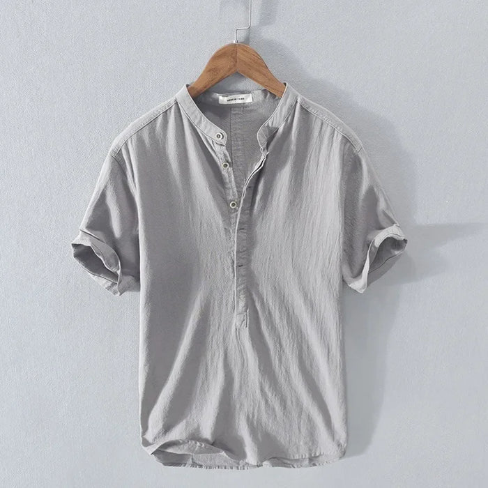 Breathable Cotton Linen Shirt High End Loose Fit, Short Sleeves Half-Open Collar