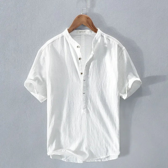 Breathable Cotton Linen Shirt High End Loose Fit, Short Sleeves Half-Open Collar