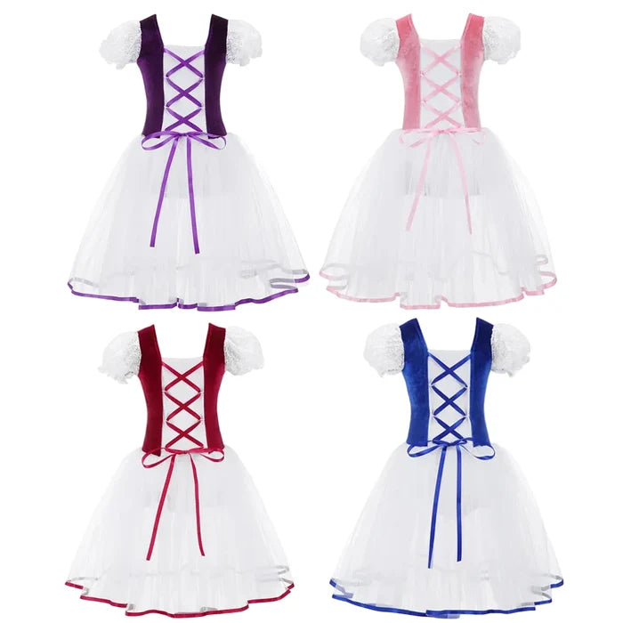 Breathable girls' ballet tutu dress – velvet bodice, tulle skirt, short puff sleeves, for dance class