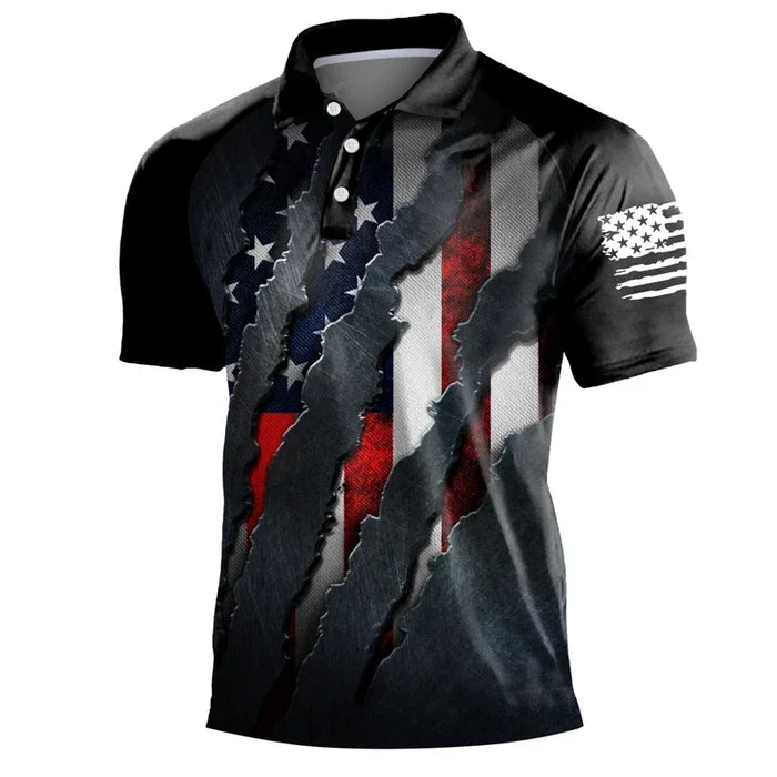 Breathable Men's Polo Shirt - Classic Polo, Distressed USA Flag Print, Athletic Wear