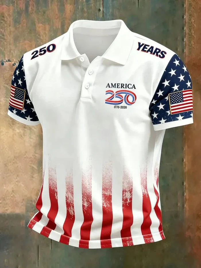 Breathable men's polo shirt – flag-printed USA 250th anniversary design, Fourth of July casual wear