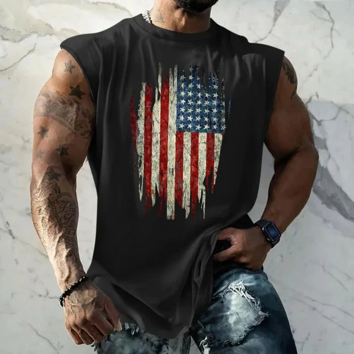 Breathable Men's Tank Top - Round-Neck, Sleeveless, 3D-Printed American Flag Heart Graphic, Casual Summer Wear