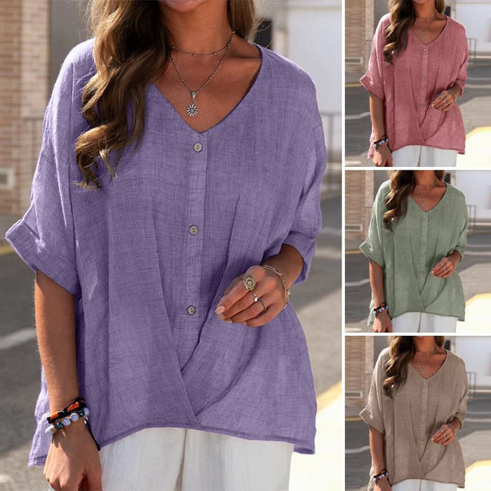 Breathable women's top - V-neck, short sleeve, relaxed fit, cotton-linen blend, casual wear