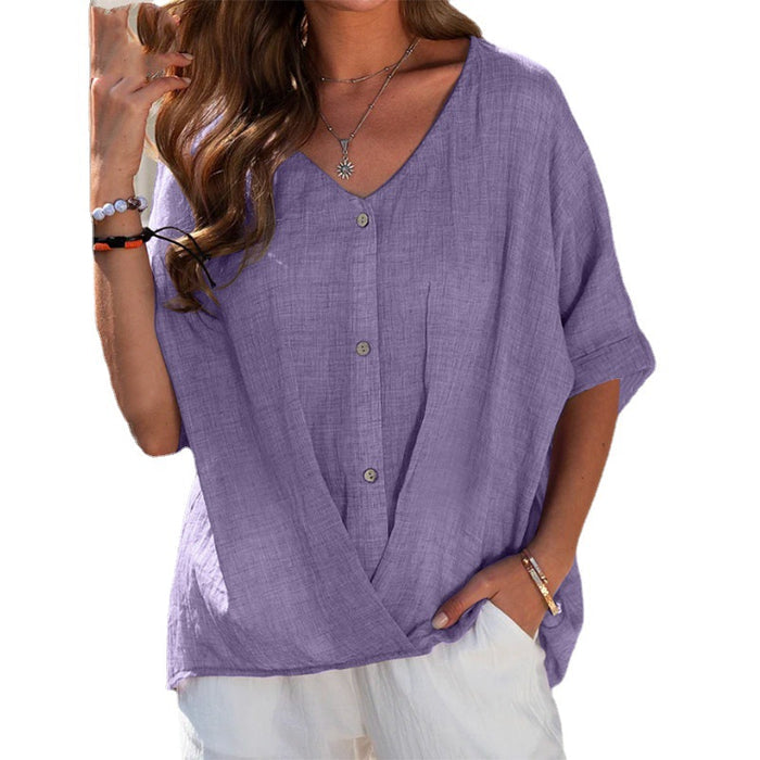 Breathable women's top - V-neck, short sleeve, relaxed fit, cotton-linen blend, casual wear
