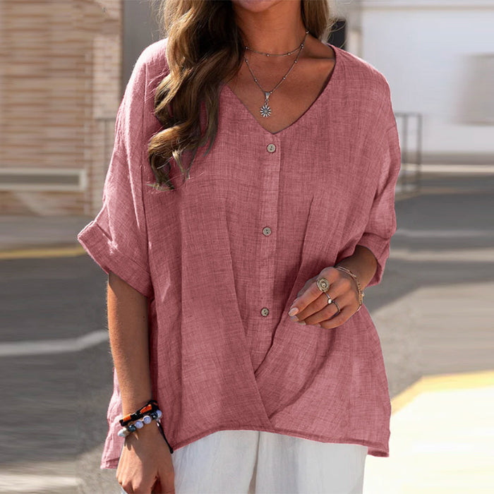 Breathable women's top - V-neck, short sleeve, relaxed fit, cotton-linen blend, casual wear