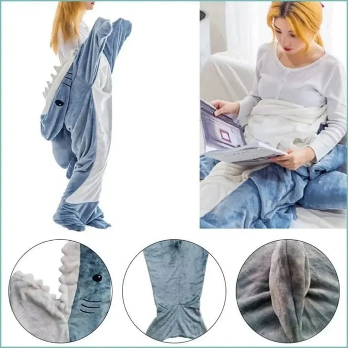 Cartoon Shark Flannel Sleeping Bag Pajamas - Hooded Cozy Animal Nightgown for Kids