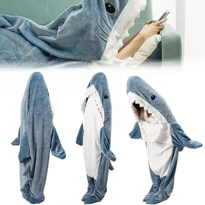 Cartoon Shark Flannel Sleeping Bag Pajamas - Hooded Cozy Animal Nightgown for Kids