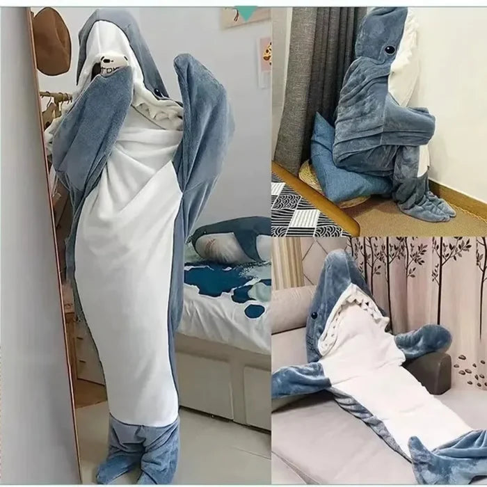 Cartoon Shark Flannel Sleeping Bag Pajamas - Hooded Cozy Animal Nightgown for Kids