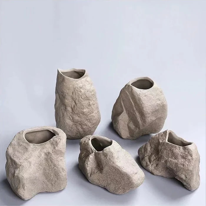 Ceramic Vase Stone Texture Tabletop Sculpture Vase Home Decor Fall 2025 Wedding Centerpiece Rustic Gift