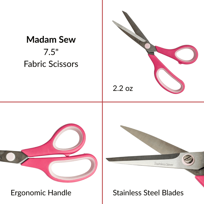 Madam Sew Fabric Scissors showing the scissor features.