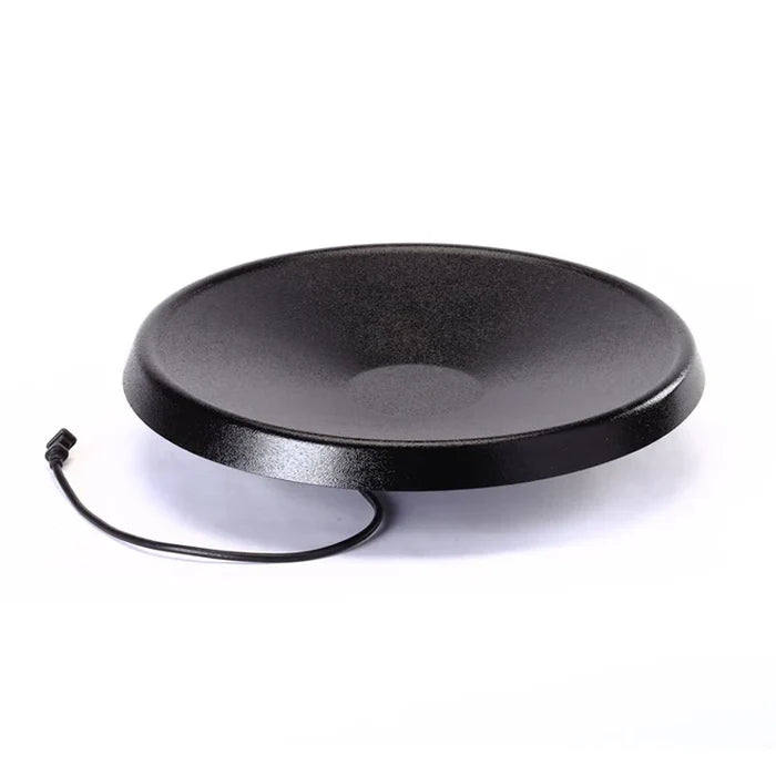 Deck Mount Heated Bird Bath with a saucer-shaped design, featuring a concave dish style and attached coaxial cable, ideal for inviting birds to preen.