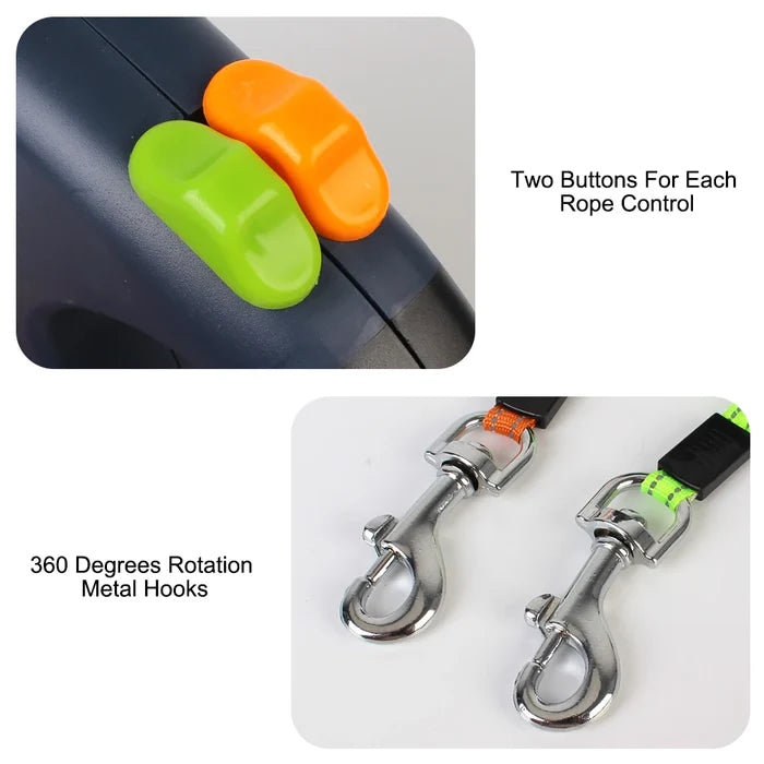 Dual Dog Leash 3m Retractable with Flashlight & Waste Bag Box, Auto-Extend Traction Rope