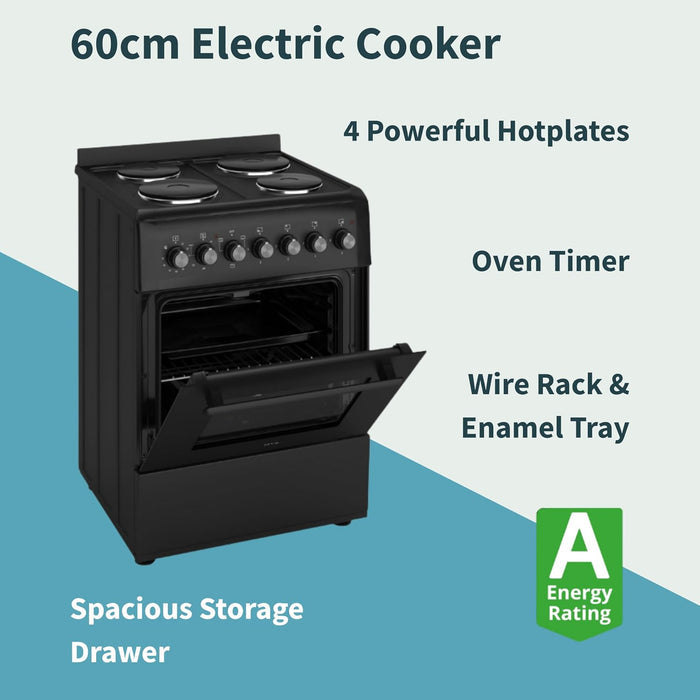 Electric Cooker 62L Oven 4 Hotplates Freestanding 60cm Matte Black — view 2
