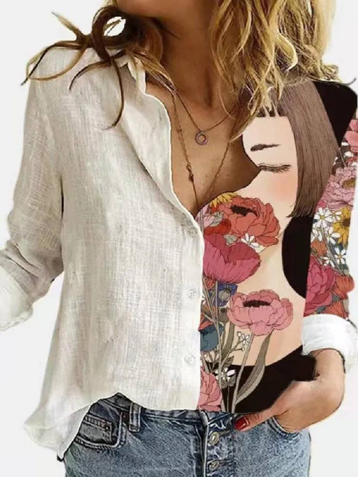 Elegant Floral Print Women's Chemise Nightgown with Long Sleeves and Relaxed Fit in White-3