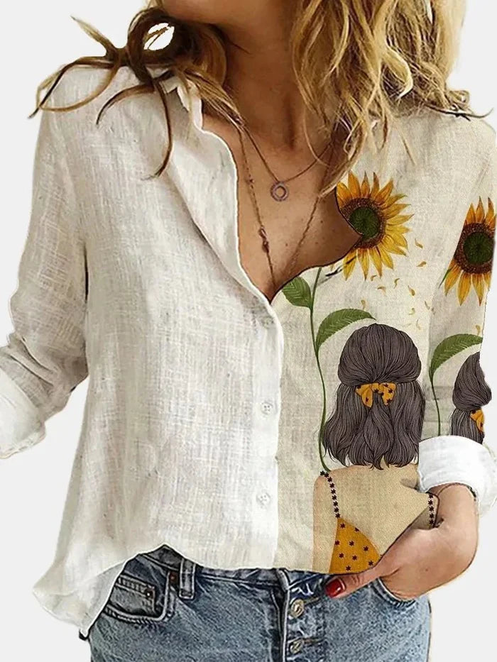 Elegant Floral Print Women's Chemise Nightgown with Long Sleeves and Relaxed Fit in White-4