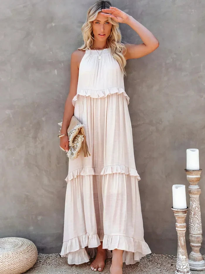 Elegant Halter Ruffle Floral Maxi Dress for Women, Lightweight Bohemian Long Dress, Flowing Fit-1