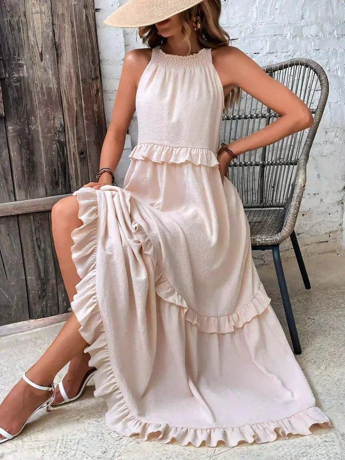 Elegant Halter Ruffle Floral Maxi Dress for Women, Lightweight Bohemian Long Dress, Flowing Fit-4