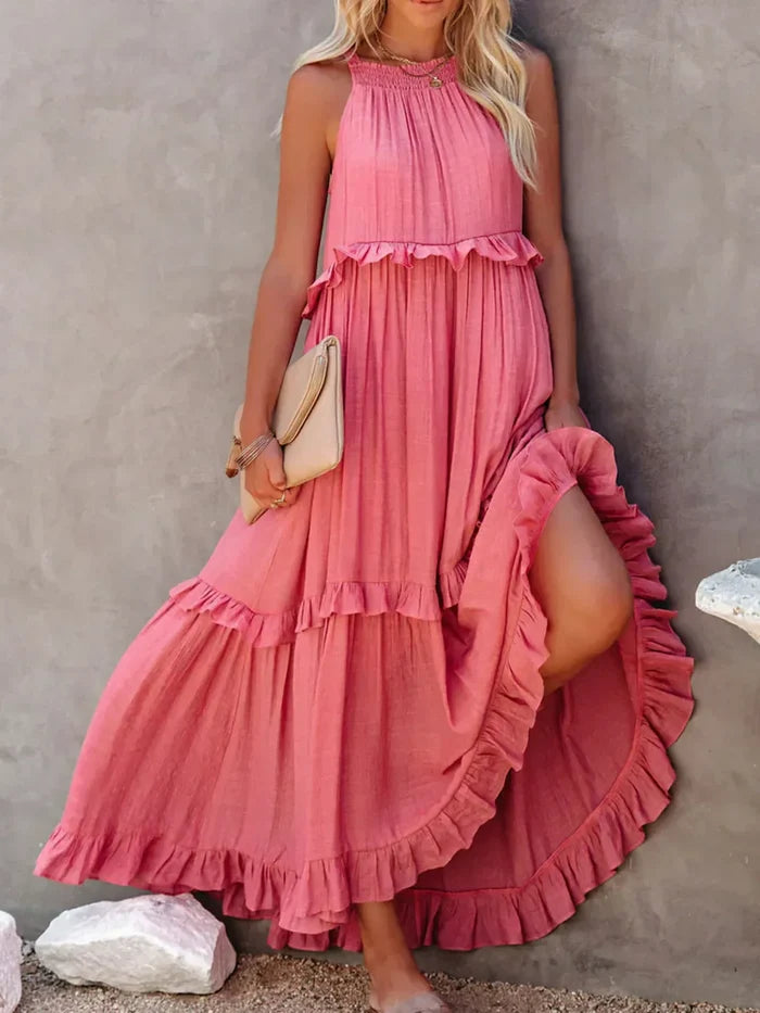 Variant image for Elegant Halter Ruffle Floral Maxi Dress for Women, Lightweight Bohemian Long Dress, Flowing Fit-5