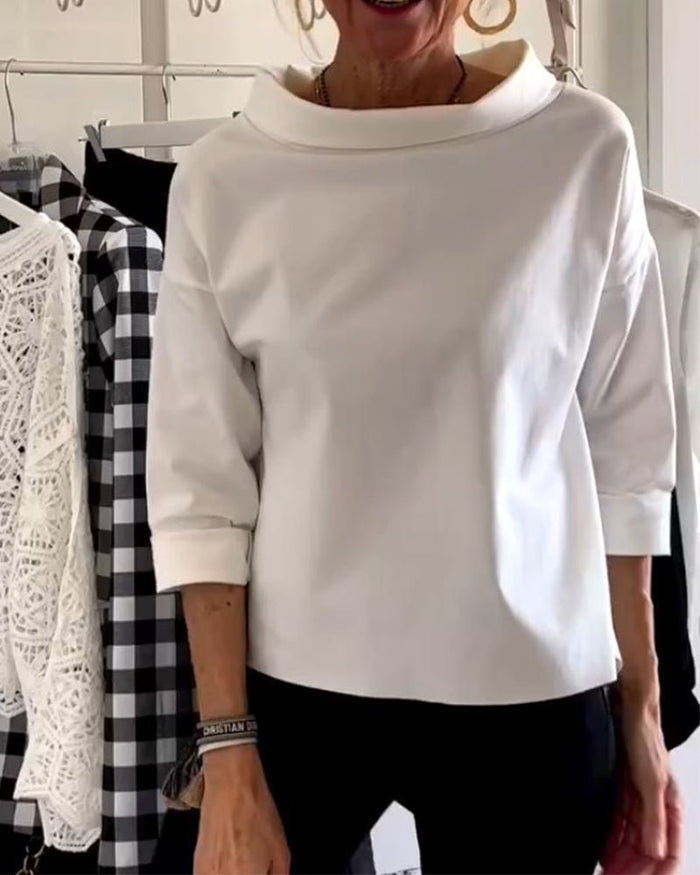 Elegant Women's Blouse with Loose Turtleneck, Cotton-Polyester Blend Long Sleeve Top for Summer and Autumn-2