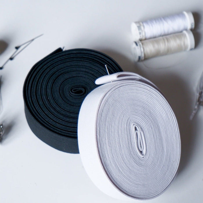 Black and White Fantastic Elastic with thread and needles ready to sew