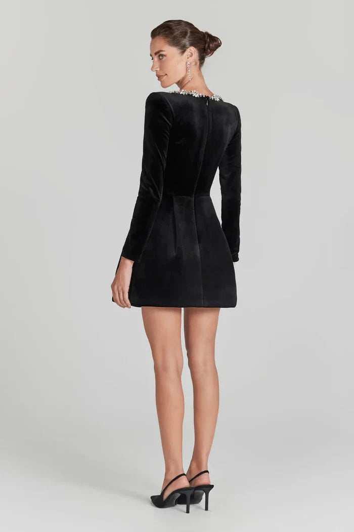 Fitted and Flattering Women's A-Line Dress – Square Neck With Floral Rhinestones, Velvet, For Holiday Parties