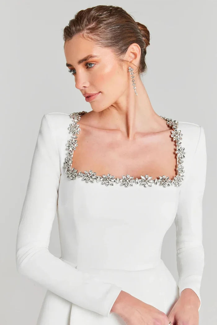 Fitted and Flattering Women's A-Line Dress – Square Neck With Floral Rhinestones, Velvet, For Holiday Parties