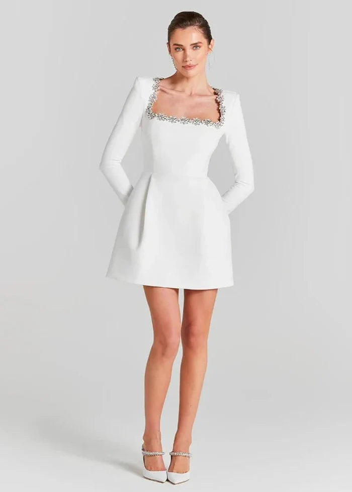 Fitted and Flattering Women's A-Line Dress – Square Neck With Floral Rhinestones, Velvet, For Holiday Parties