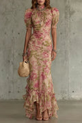 Fitted women's puff-sleeve dress - slim-fit, long-pleated, floral print, for special occasions