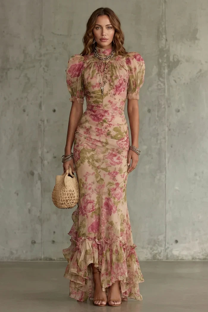 Fitted women's puff-sleeve dress - slim-fit, long-pleated, floral print, for special occasions