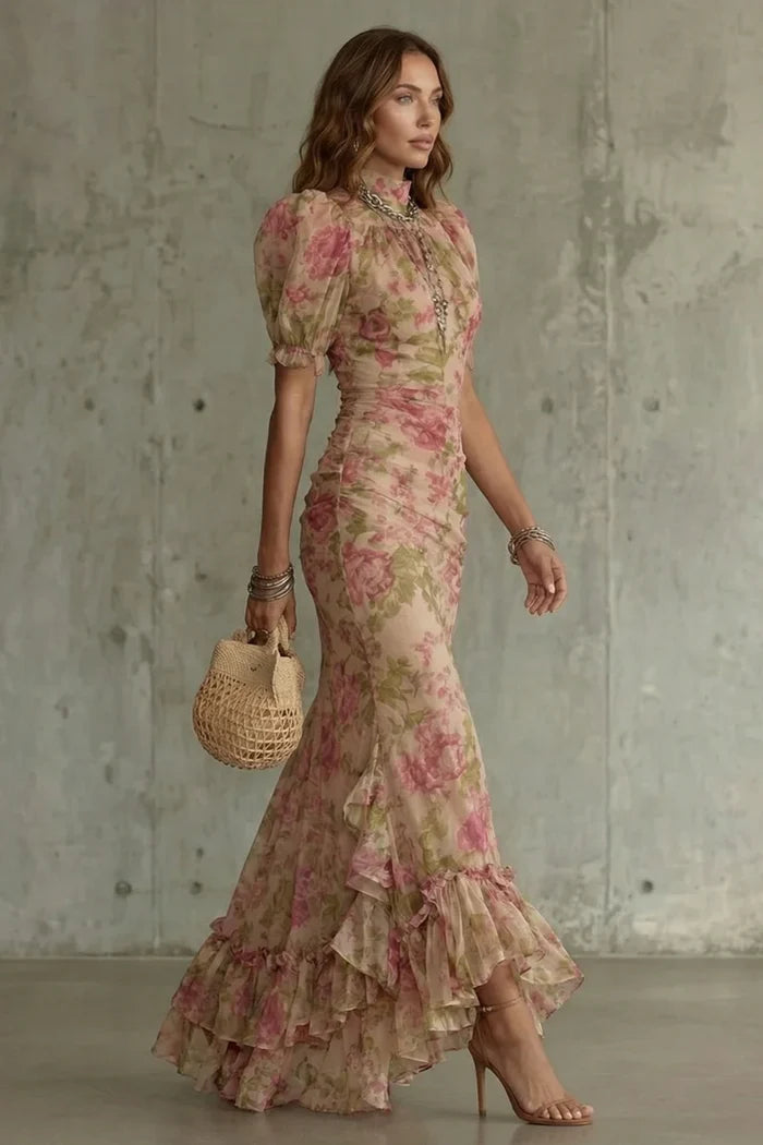 Fitted women's puff-sleeve dress - slim-fit, long-pleated, floral print, for special occasions