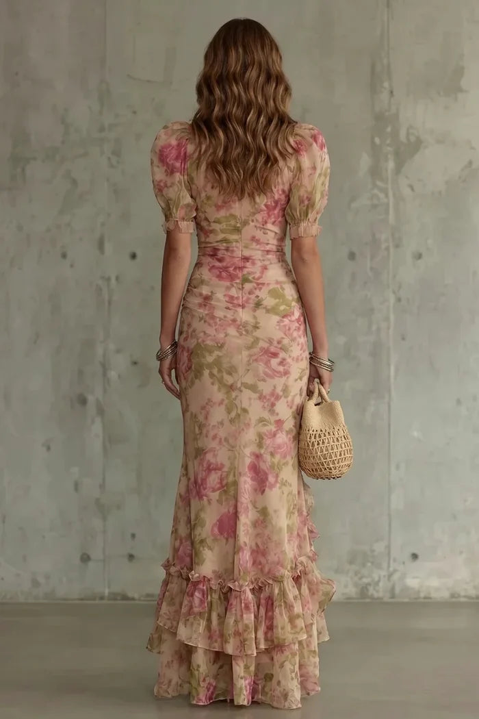 Fitted women's puff-sleeve dress - slim-fit, long-pleated, floral print, for special occasions
