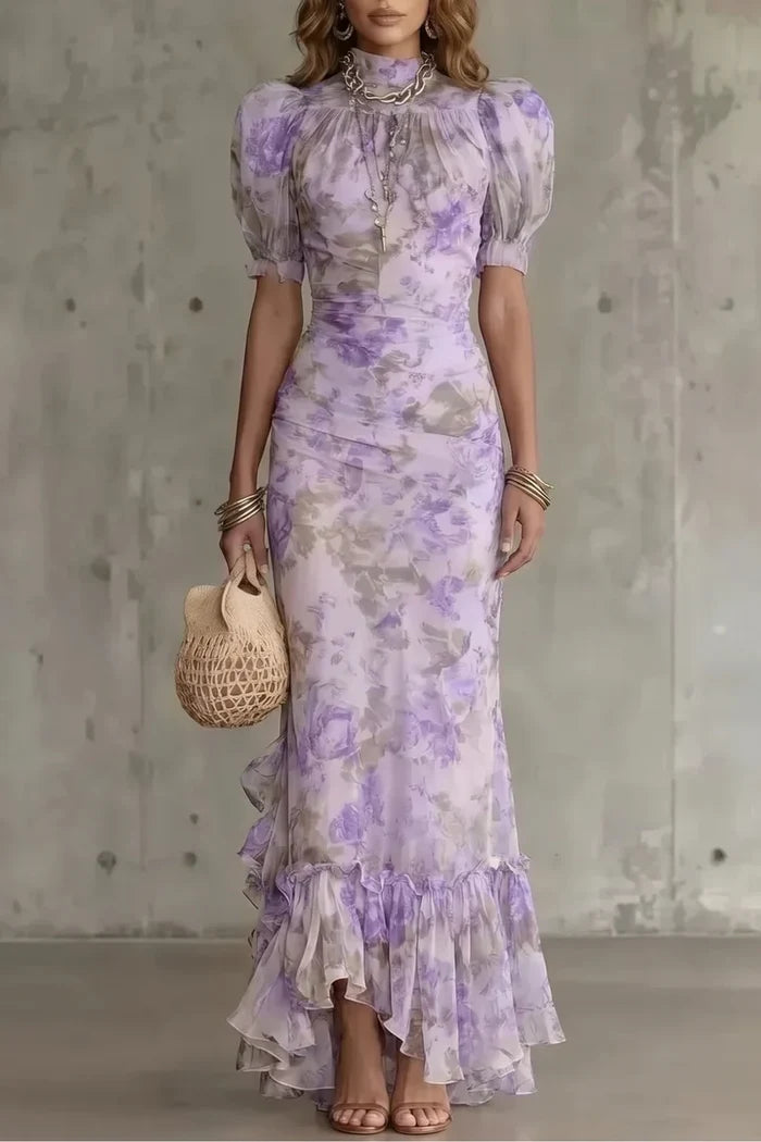 Fitted women's puff-sleeve dress - slim-fit, long-pleated, floral print, for special occasions