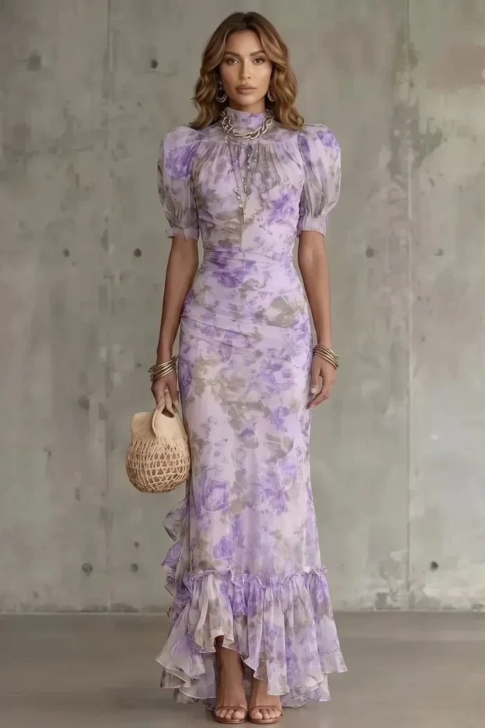 Fitted women's puff-sleeve dress - slim-fit, long-pleated, floral print, for special occasions