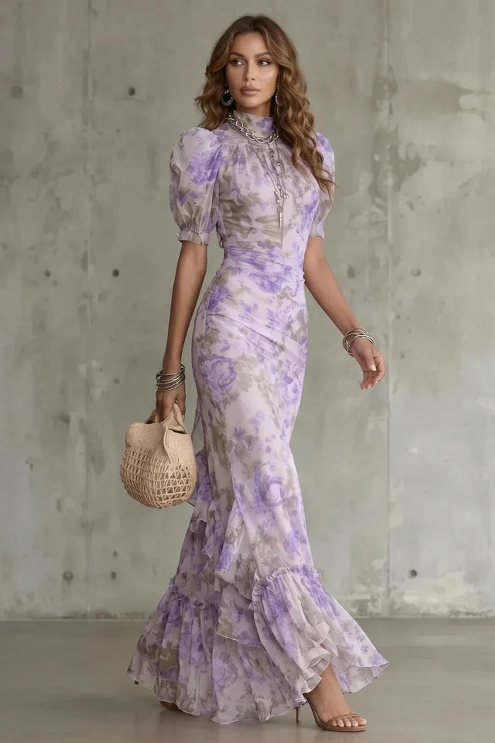 Fitted women's puff-sleeve dress - slim-fit, long-pleated, floral print, for special occasions