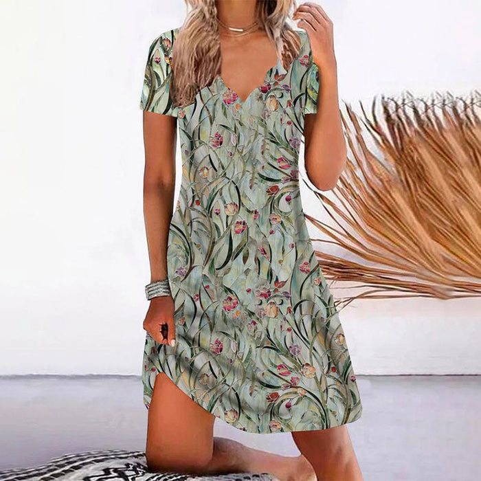 Floral Print Womens Dress with V-Neck and Short Sleeves, Above Knee Length Summer Dress-1