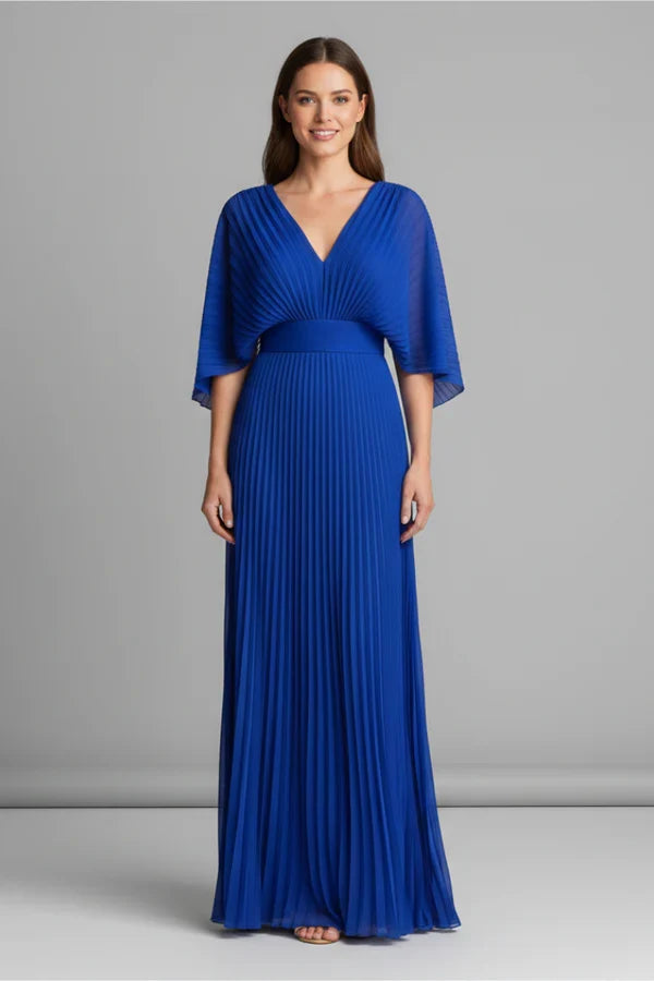 Flowy Women's Dress - V-Neck Bat-Sleeve High-Waist, Lightweight Polyester, Casual Daywear