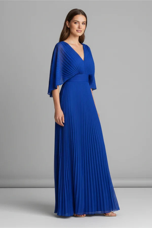 Flowy Women's Dress - V-Neck Bat-Sleeve High-Waist, Lightweight Polyester, Casual Daywear