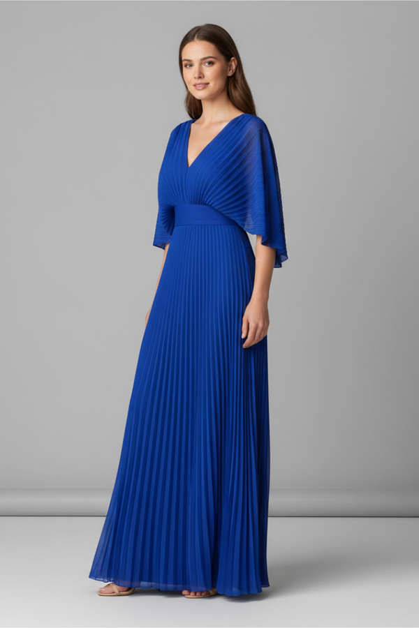 Flowy Women's Dress - V-Neck Bat-Sleeve High-Waist, Lightweight Polyester, Casual Daywear