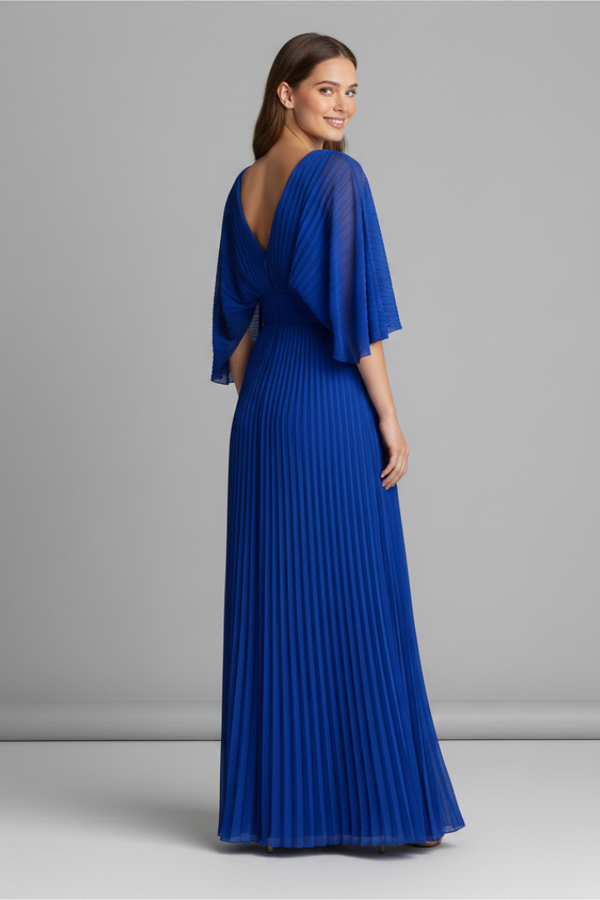 Flowy Women's Dress - V-Neck Bat-Sleeve High-Waist, Lightweight Polyester, Casual Daywear