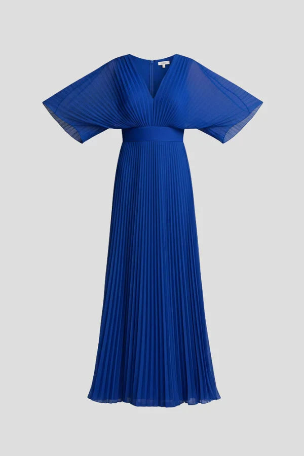 Flowy Women's Dress - V-Neck Bat-Sleeve High-Waist, Lightweight Polyester, Casual Daywear